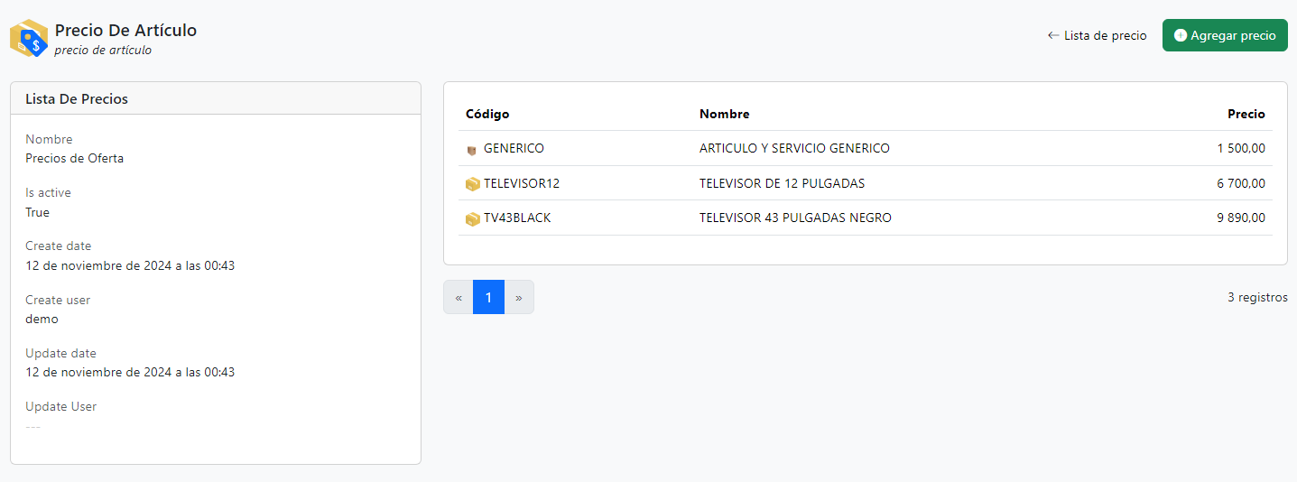 Detalle de una lista de precios en Unolet